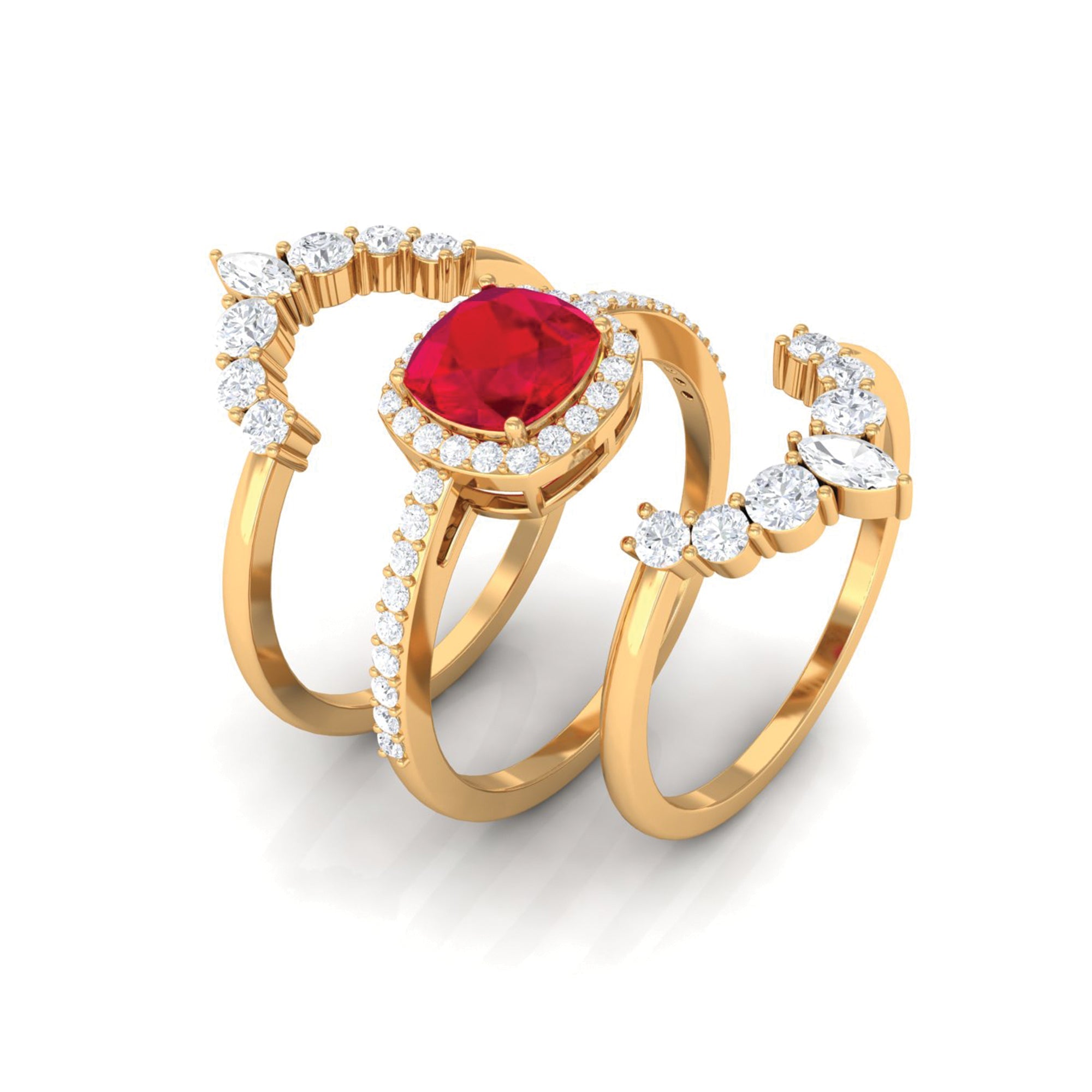 Certified Lab Grown Ruby 3 Piece Bridal Ring Set with Moissanite