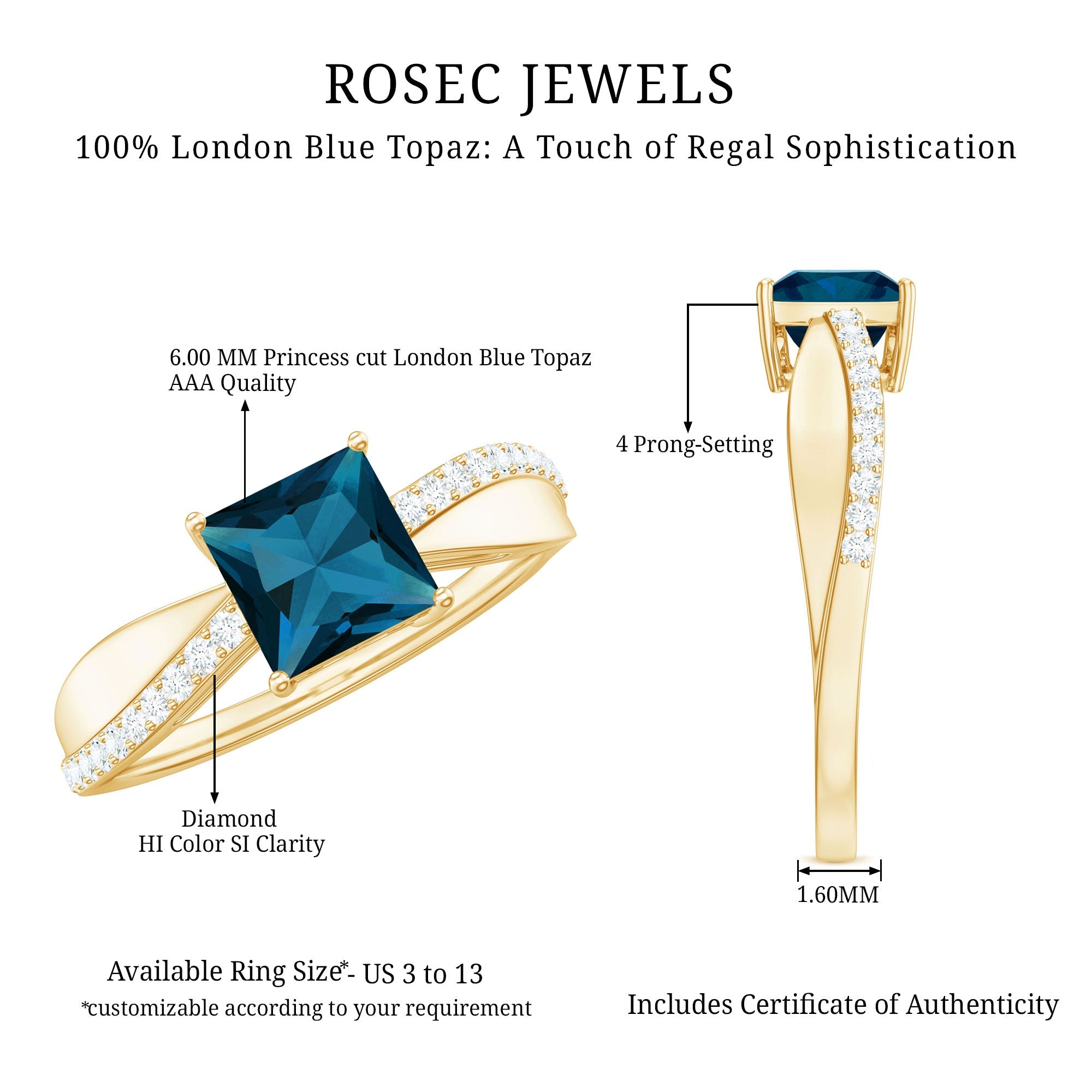 6mm Princess Cut London Blue Topaz Solitaire Engagement Ring with Certificate