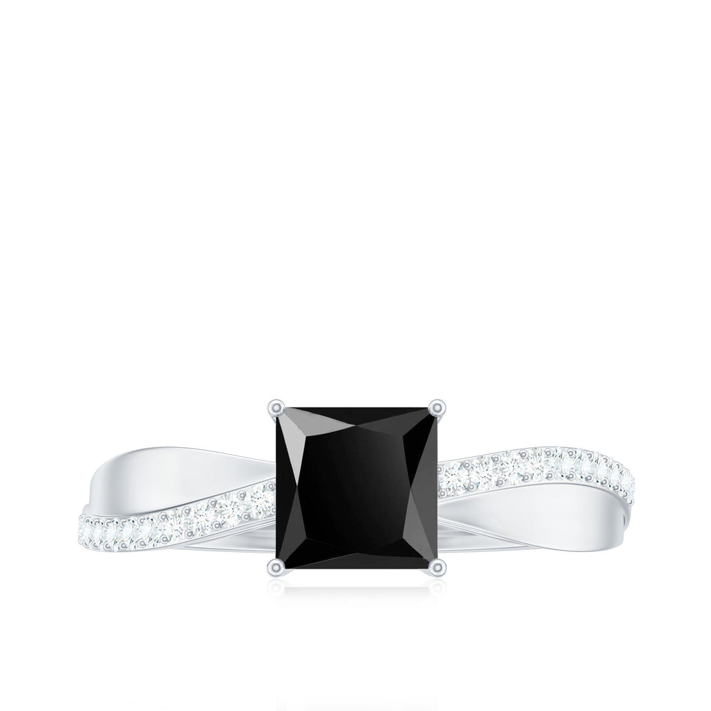 5mm Princess Cut Black Onyx Solitaire Engagement Ring with Diamond