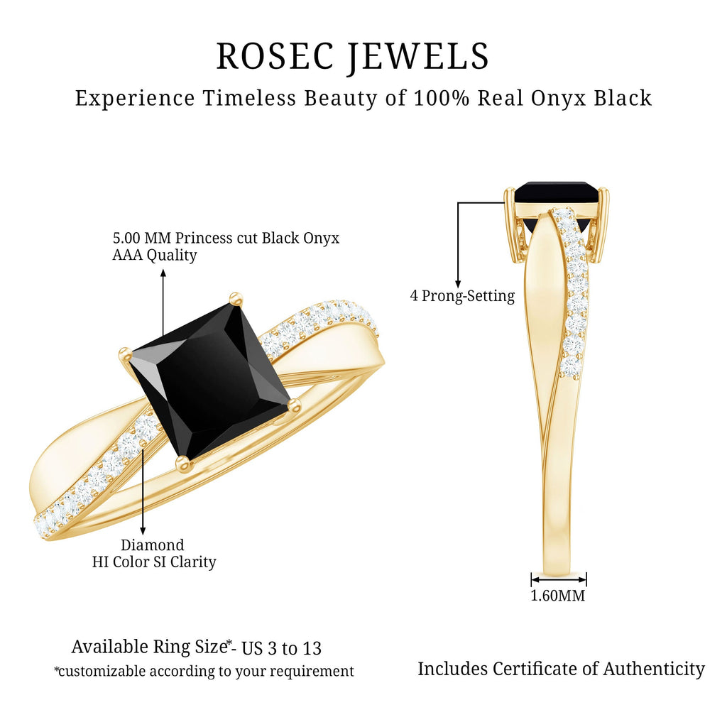 5mm Princess Cut Black Onyx Solitaire Engagement Ring with Diamond