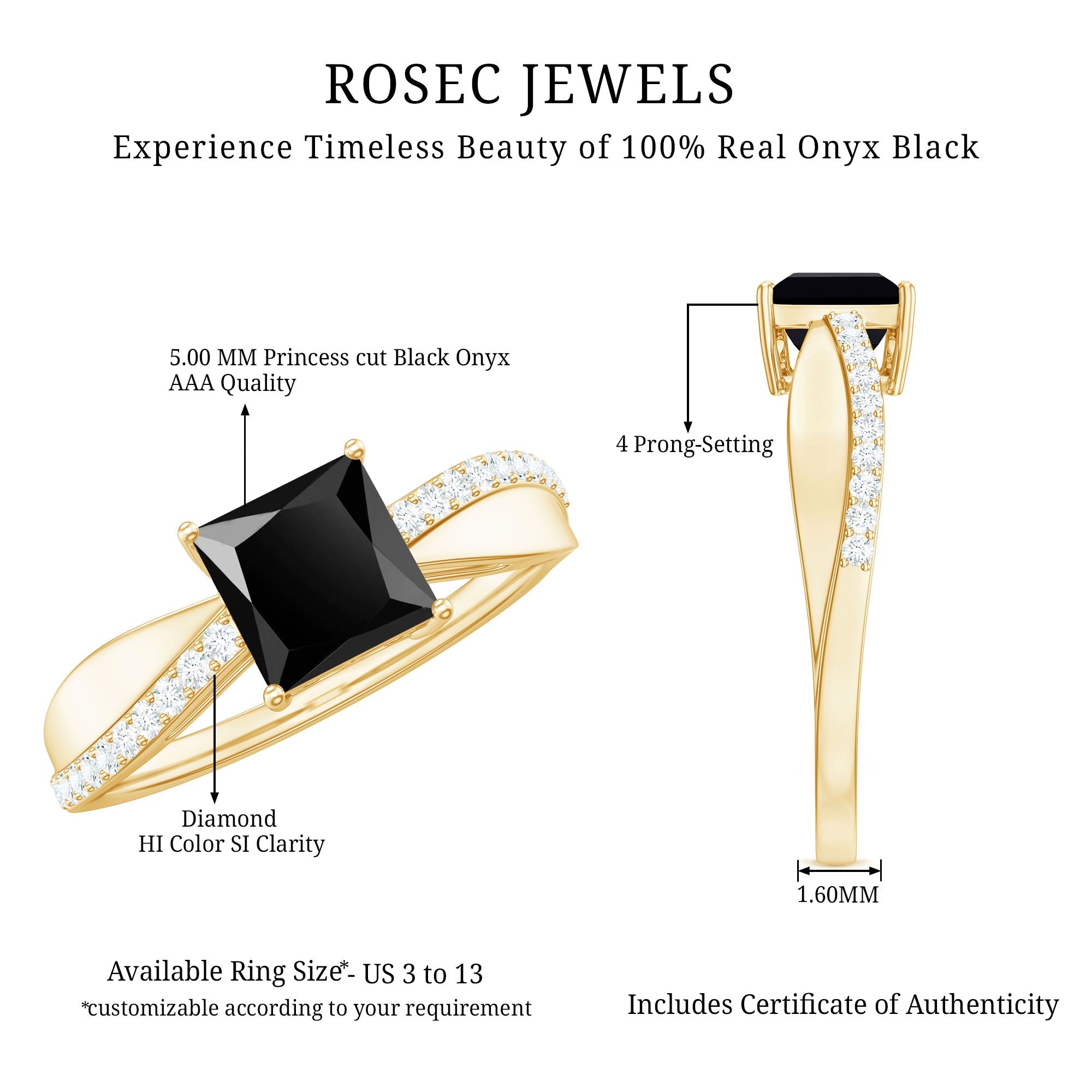 5mm Princess Cut Black Onyx Solitaire Engagement Ring with Diamond