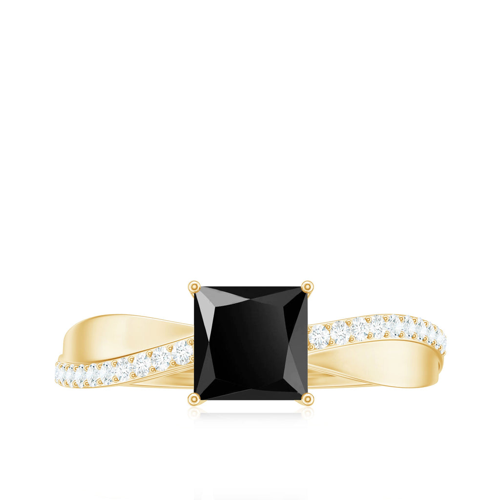 5mm Princess Cut Black Onyx Solitaire Engagement Ring with Diamond
