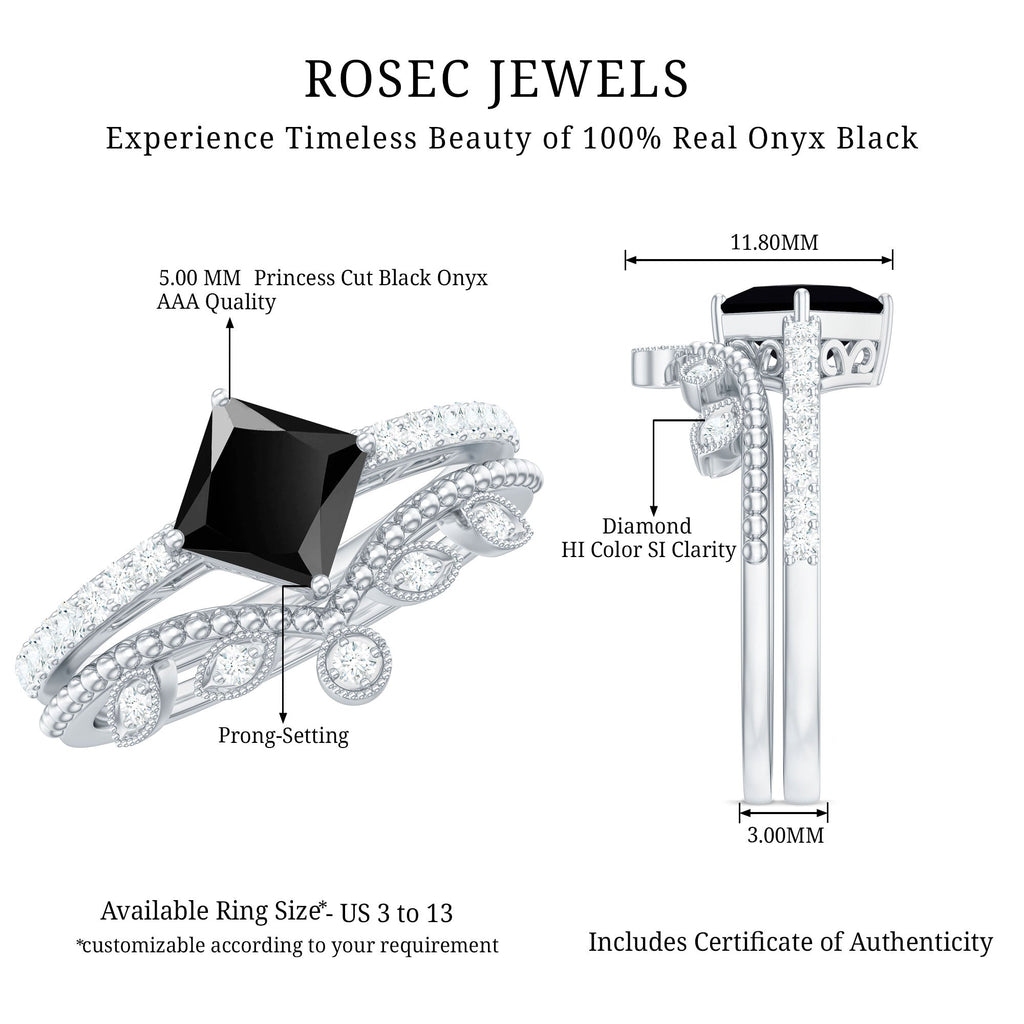 5mm Princess Cut Black Onyx Engagement Ring with Diamond Wedding Band