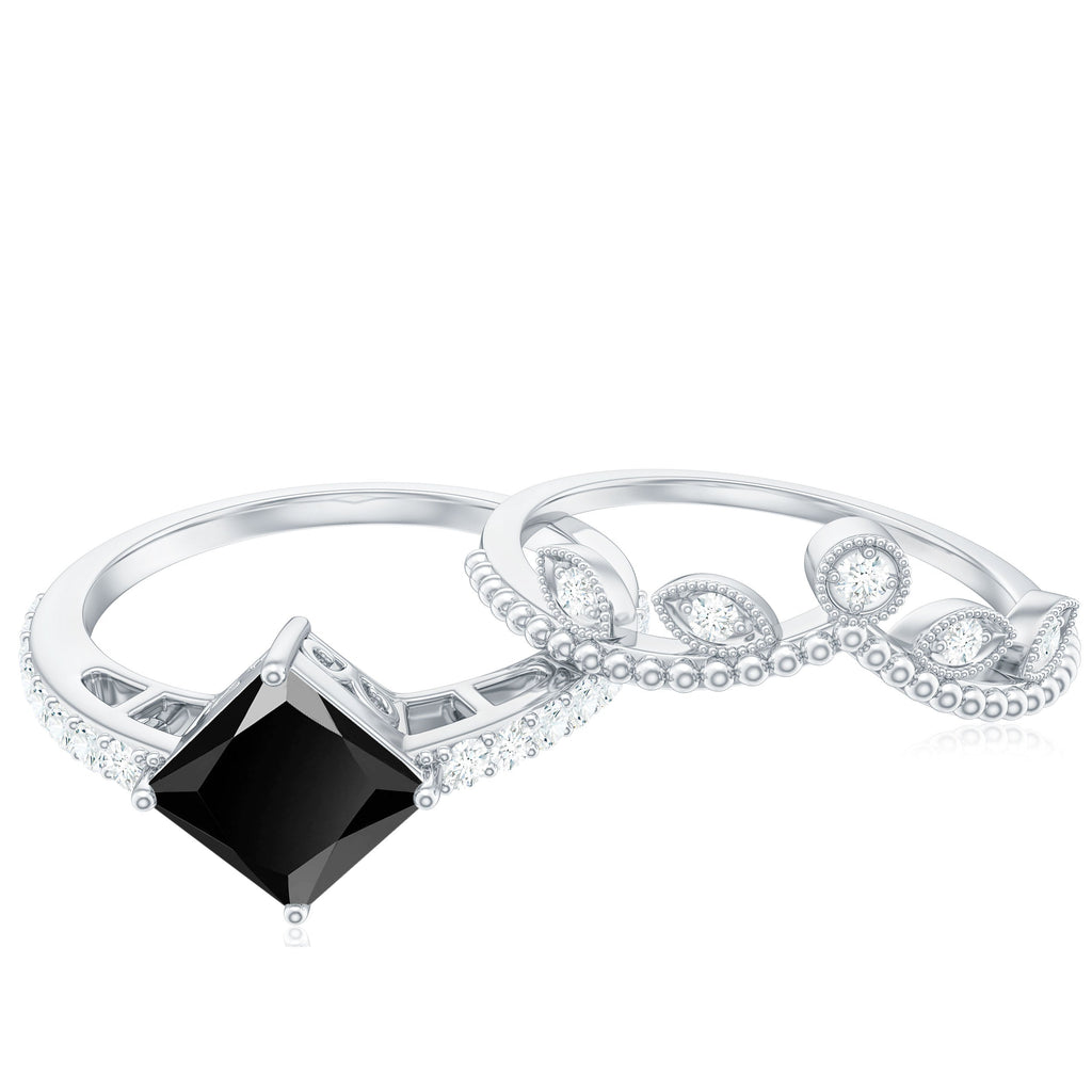 5mm Princess Cut Black Onyx Engagement Ring with Diamond Wedding Band