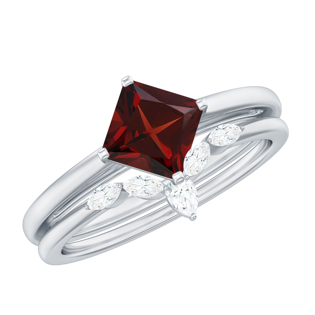 6MM Princess Cut Garnet Solitaire Bridal Ring Set with Diamonds