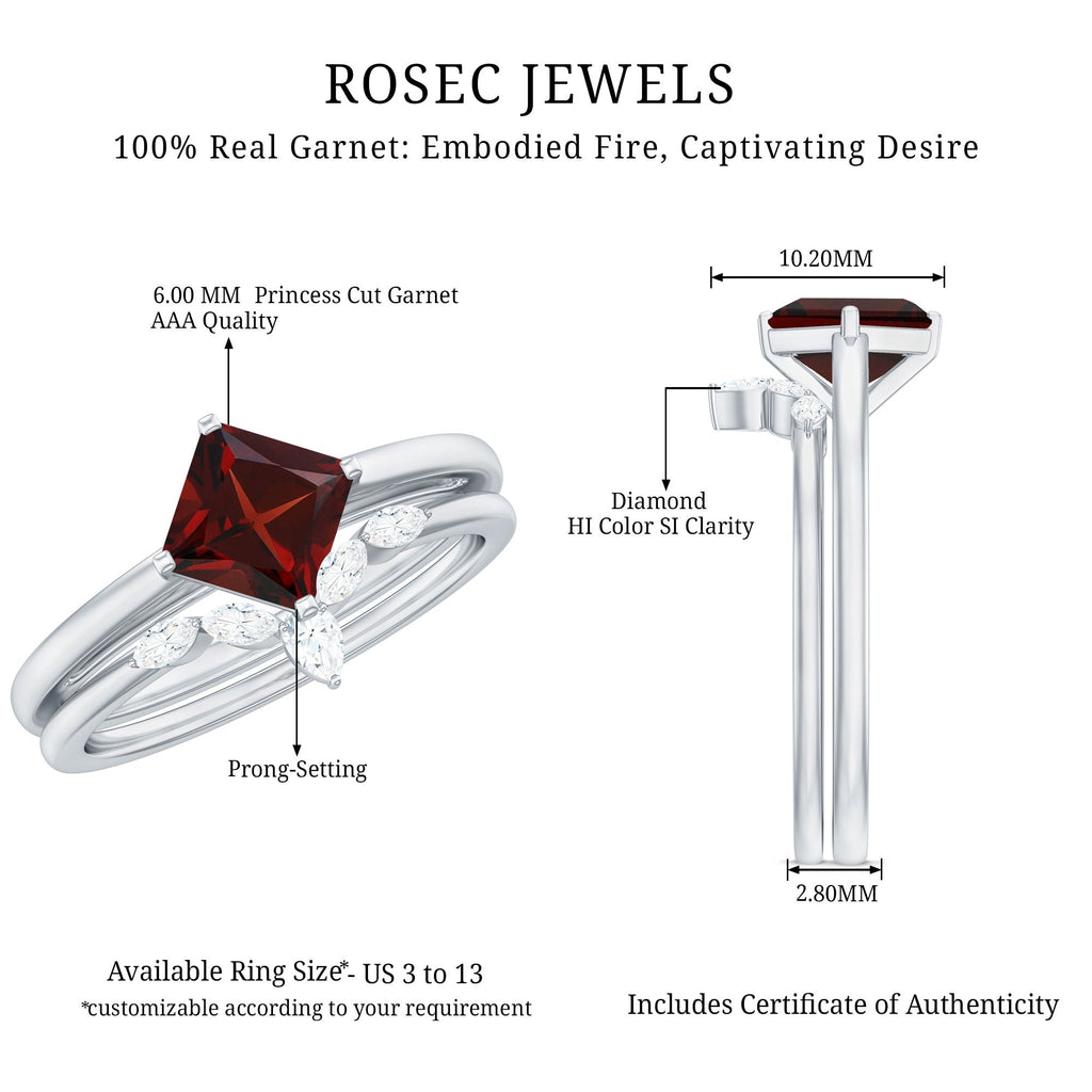 6MM Princess Cut Garnet Solitaire Bridal Ring Set with Diamonds