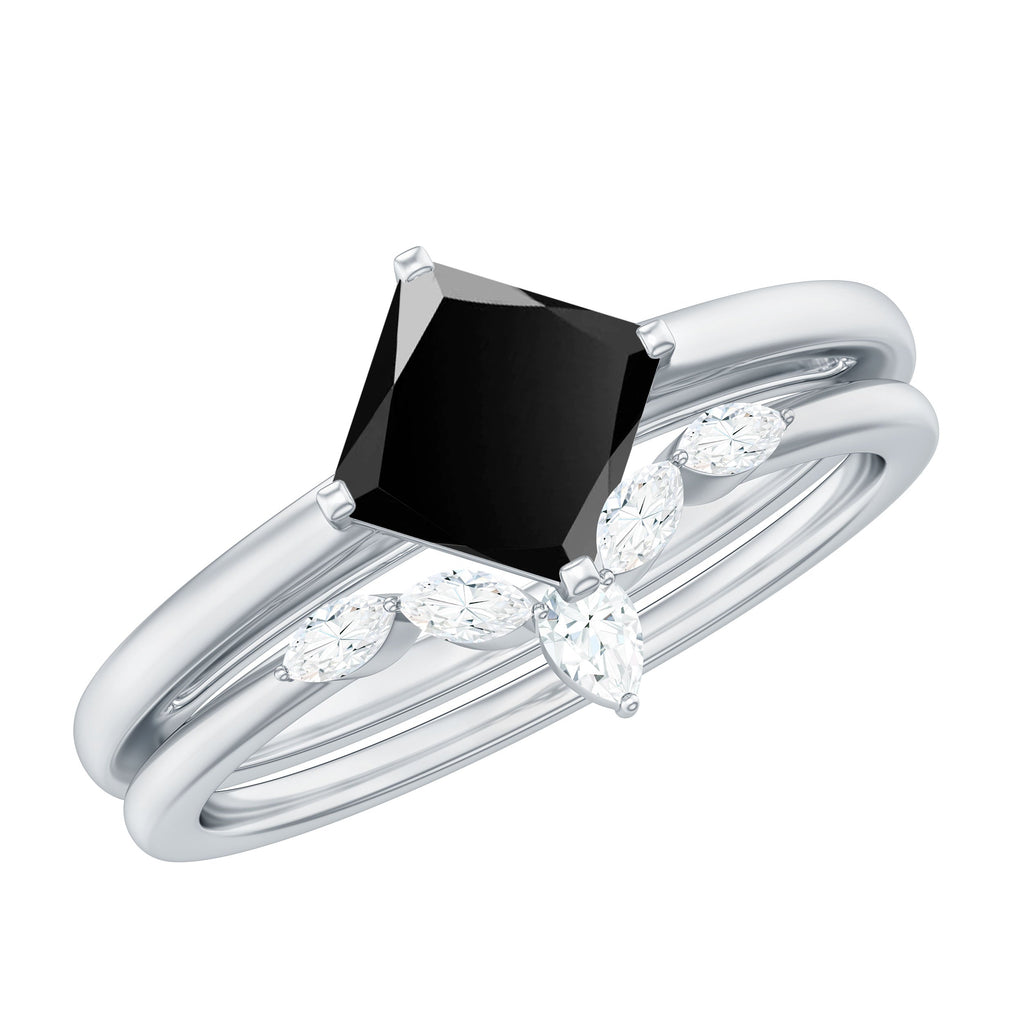5mm Princess Cut Black Onyx Solitaire Rings Set with Diamond Enhancer
