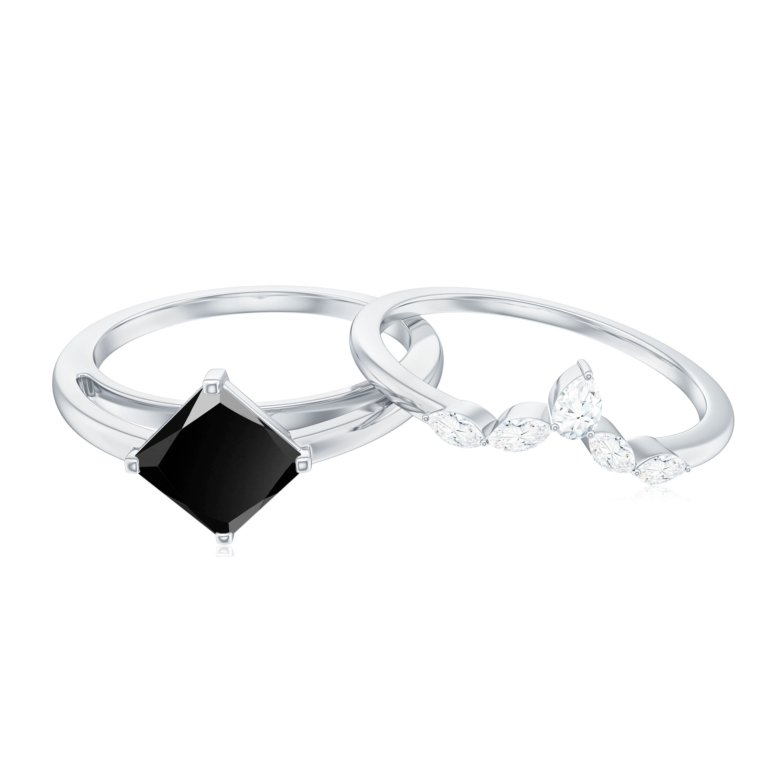 5mm Princess Cut Black Onyx Solitaire Rings Set with Diamond Enhancer