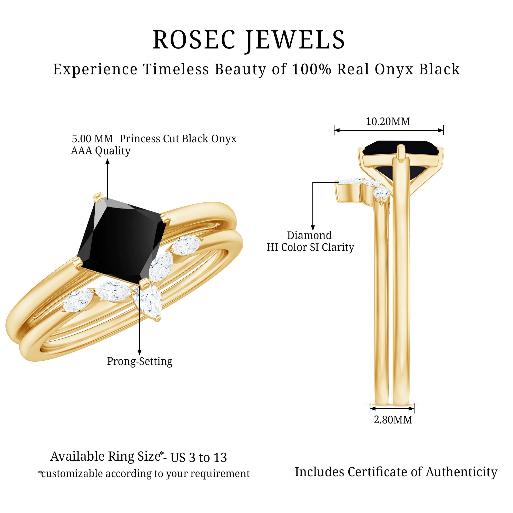 5mm Princess Cut Black Onyx Solitaire Rings Set with Diamond Enhancer