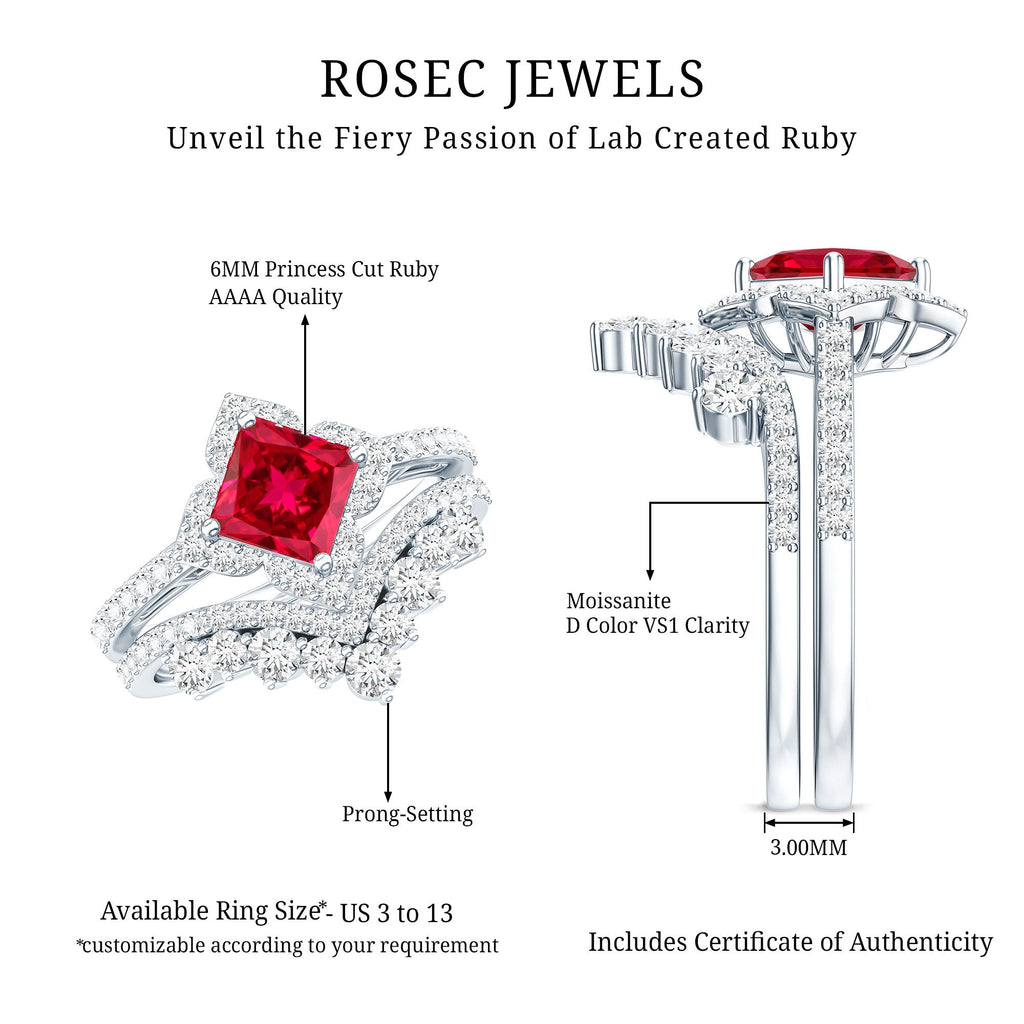 3.25 CT Designer Created Ruby and Moissanite Wedding Ring Set
