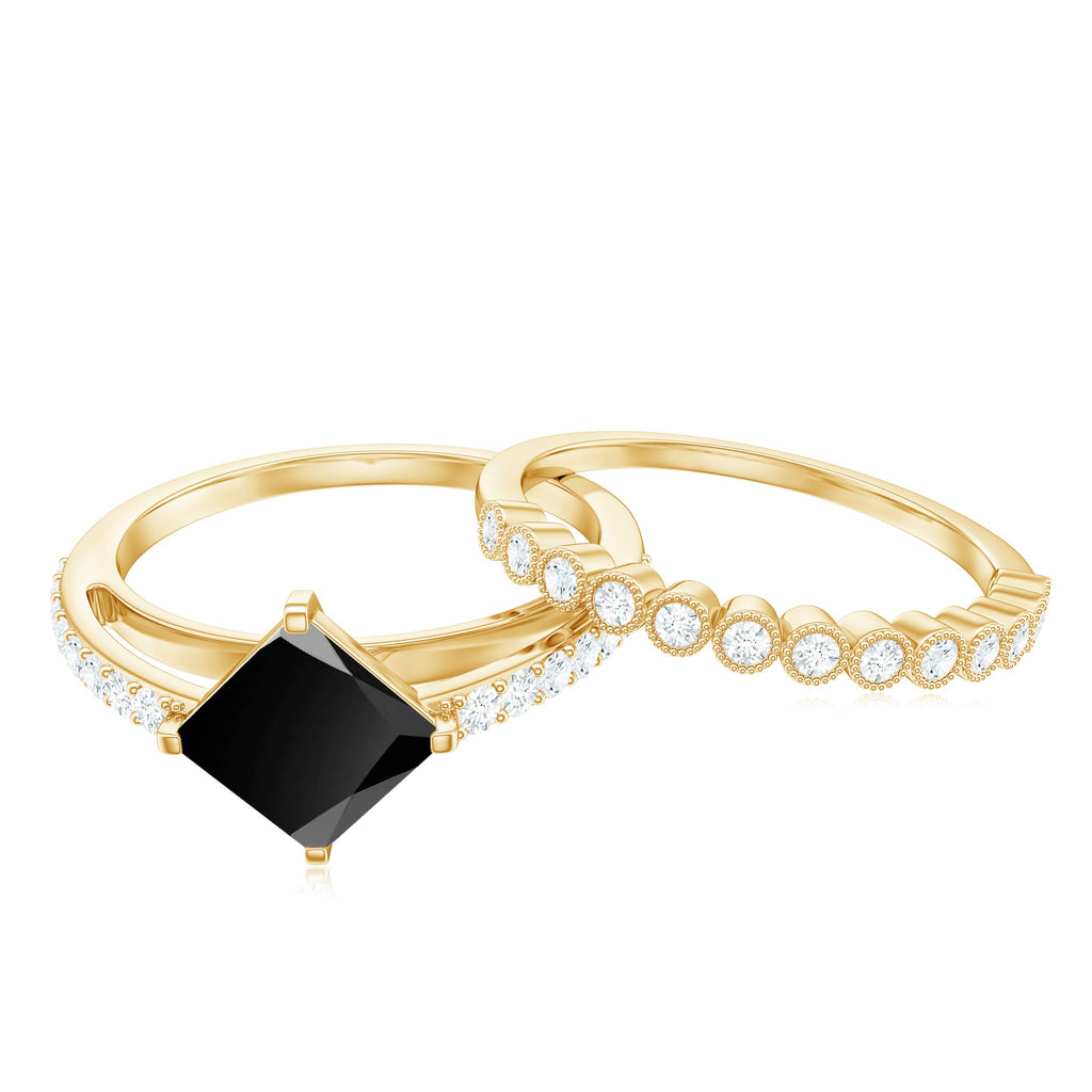 5mm Princess Cut Black Onyx Wedding Rings Set with Diamond Band