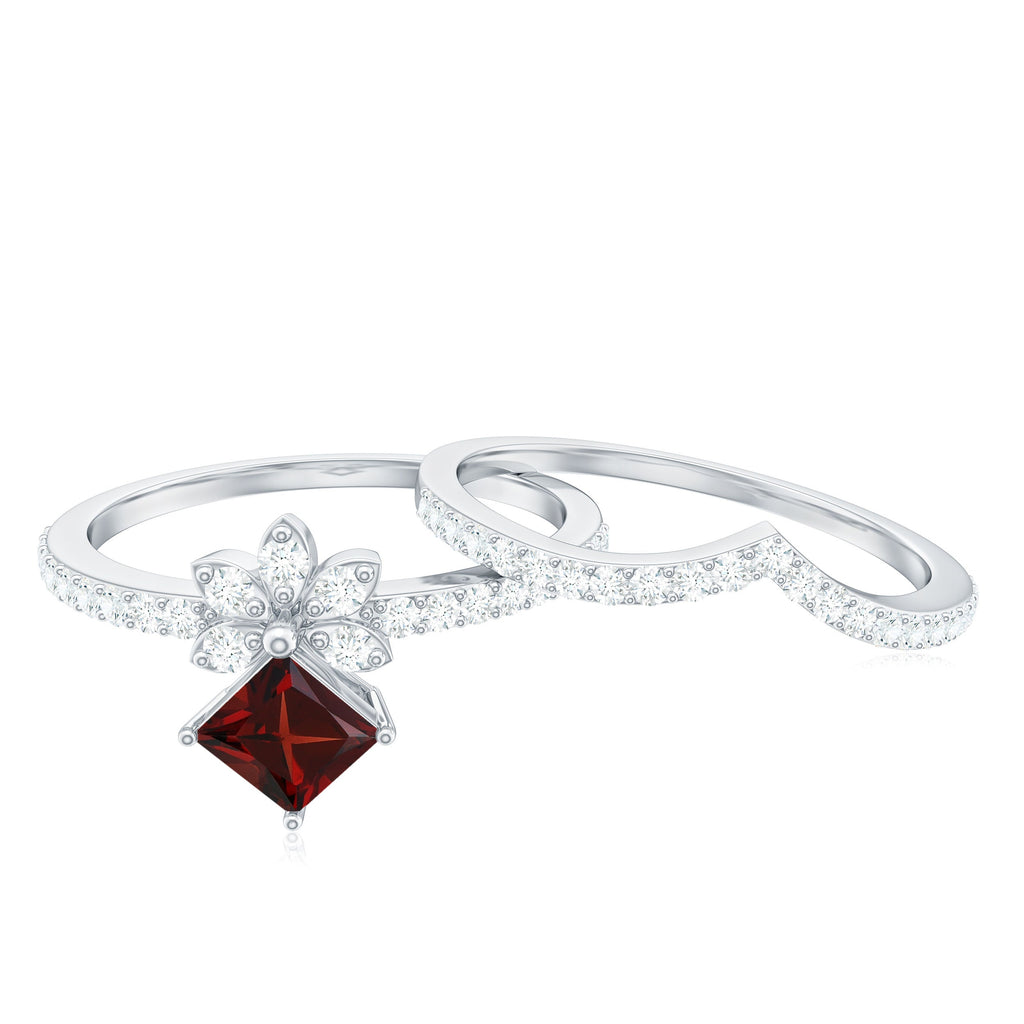Natural Garnet Diamond Flower Engagement Ring Wedding Band Set
