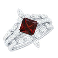 Vintage Looking Princess Cut Garnet and Diamond 3 Piece Wedding Ring Set