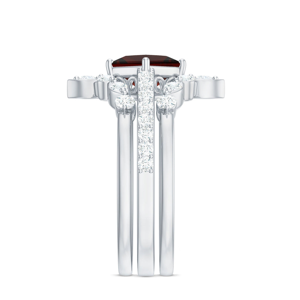 Vintage Looking Princess Cut Garnet and Diamond 3 Piece Wedding Ring Set
