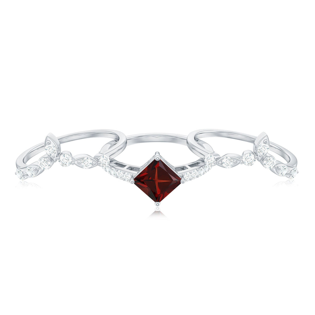 Vintage Looking Princess Cut Garnet and Diamond 3 Piece Wedding Ring Set