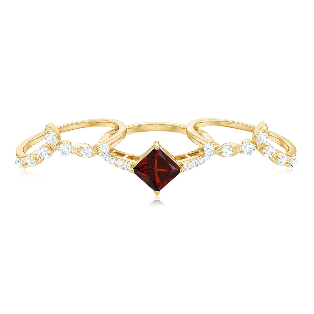 Vintage Looking Princess Cut Garnet and Diamond 3 Piece Wedding Ring Set
