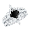 Genuine Princess Cut Black Onyx Bridal Rings Set with Diamond