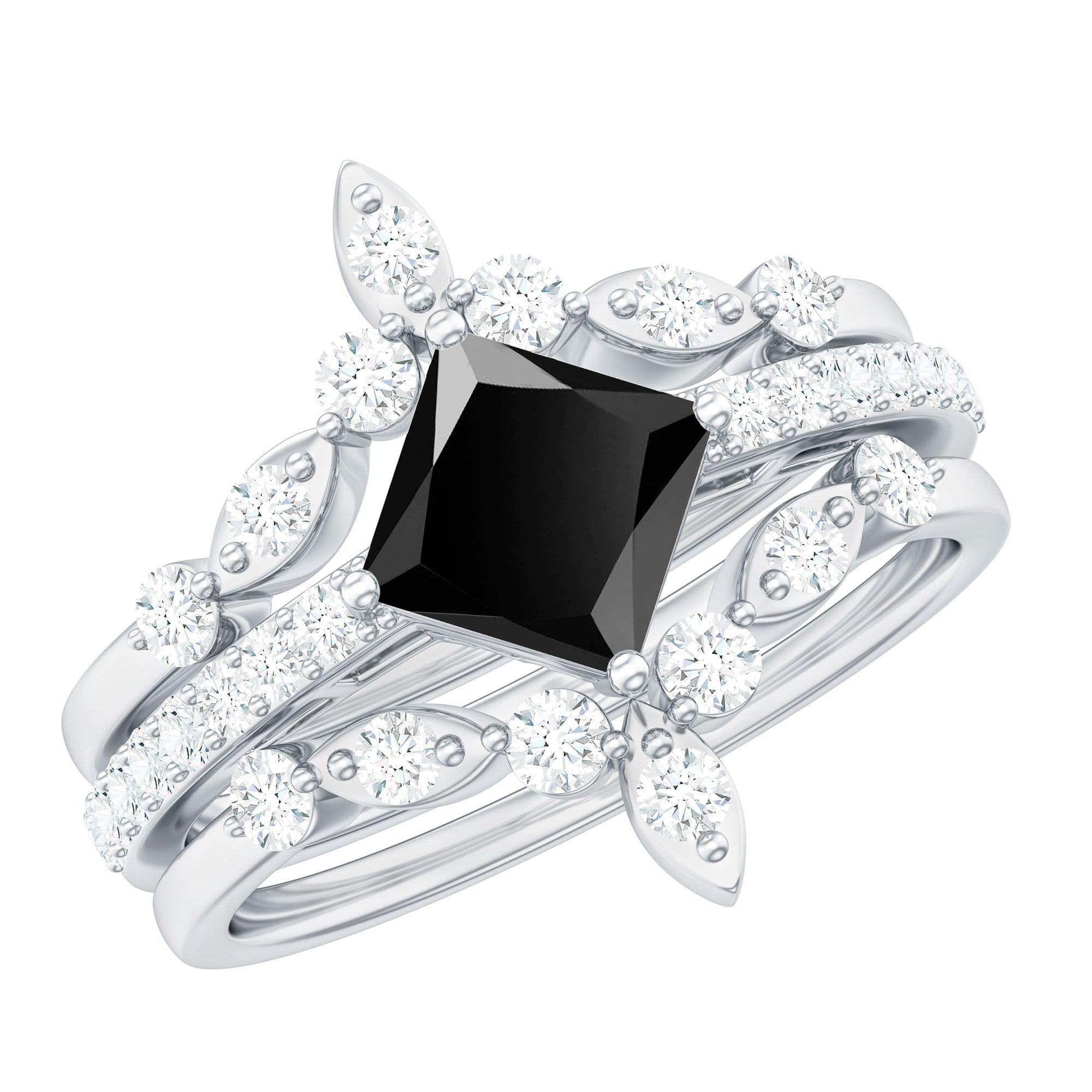 Genuine Princess Cut Black Onyx Bridal Rings Set with Diamond