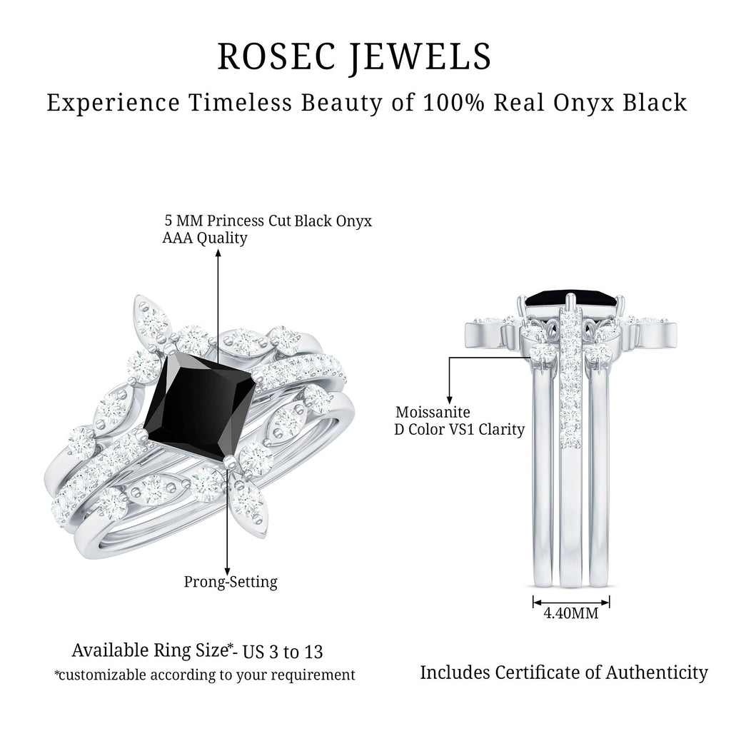 Genuine Princess Cut Black Onyx Bridal Rings Set with Diamond