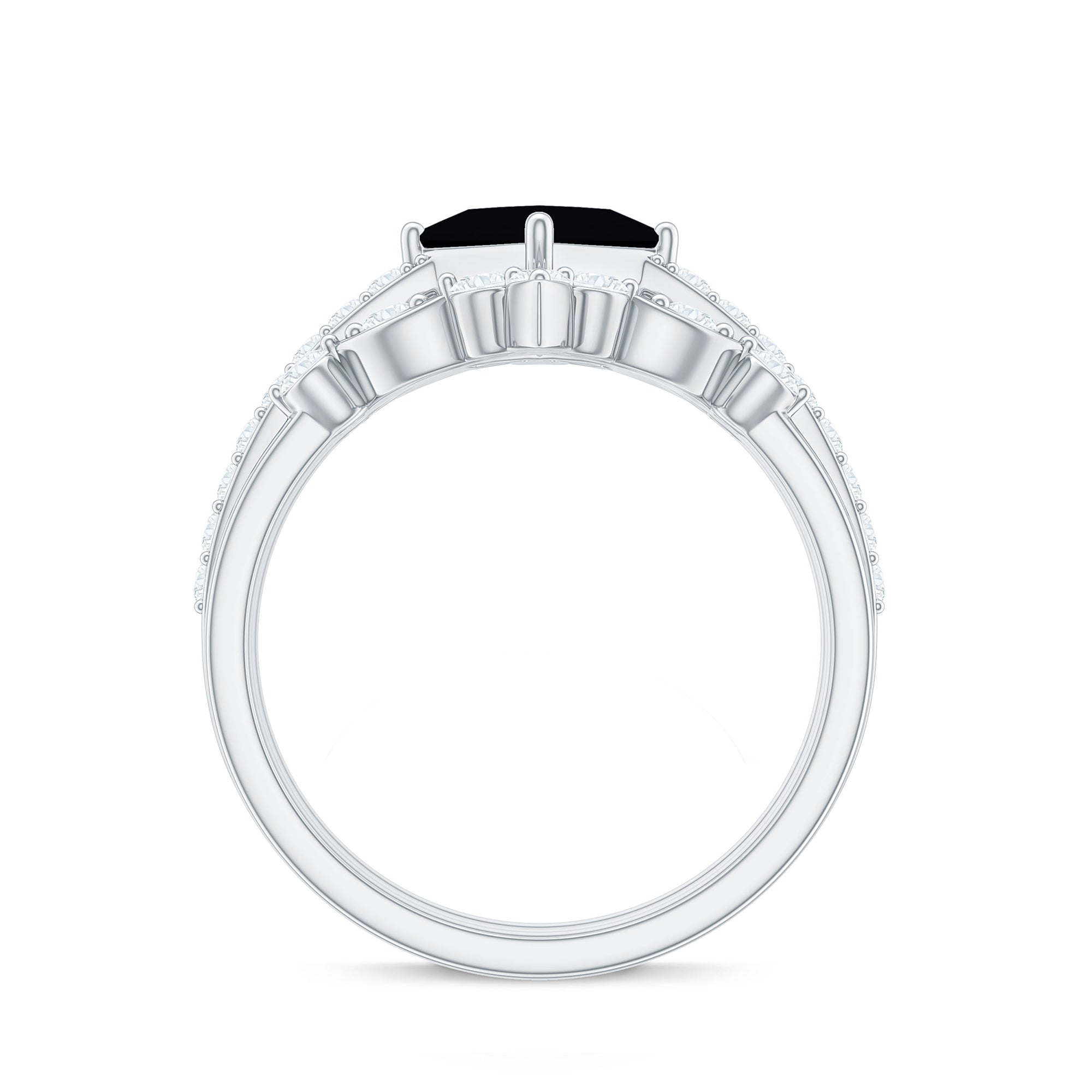 Genuine Princess Cut Black Onyx Bridal Rings Set with Diamond