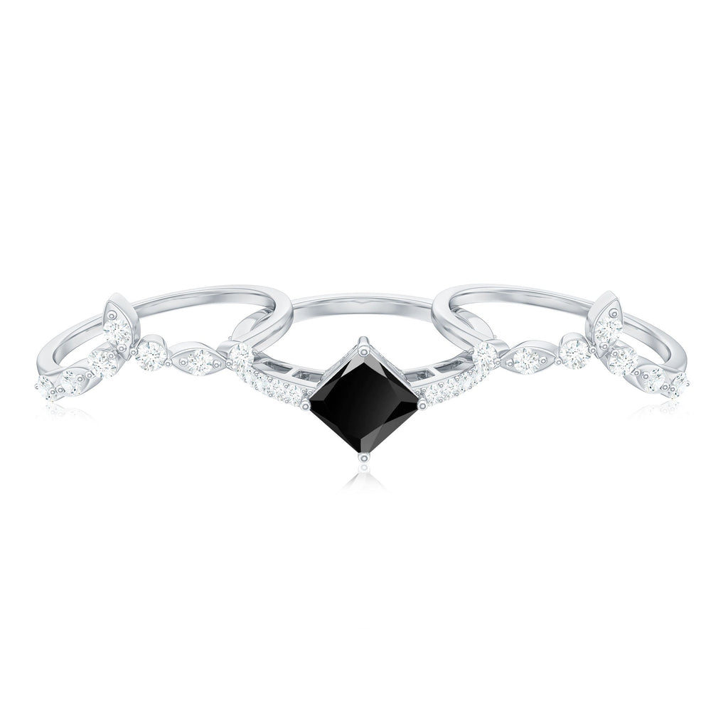 Genuine Princess Cut Black Onyx Bridal Rings Set with Diamond