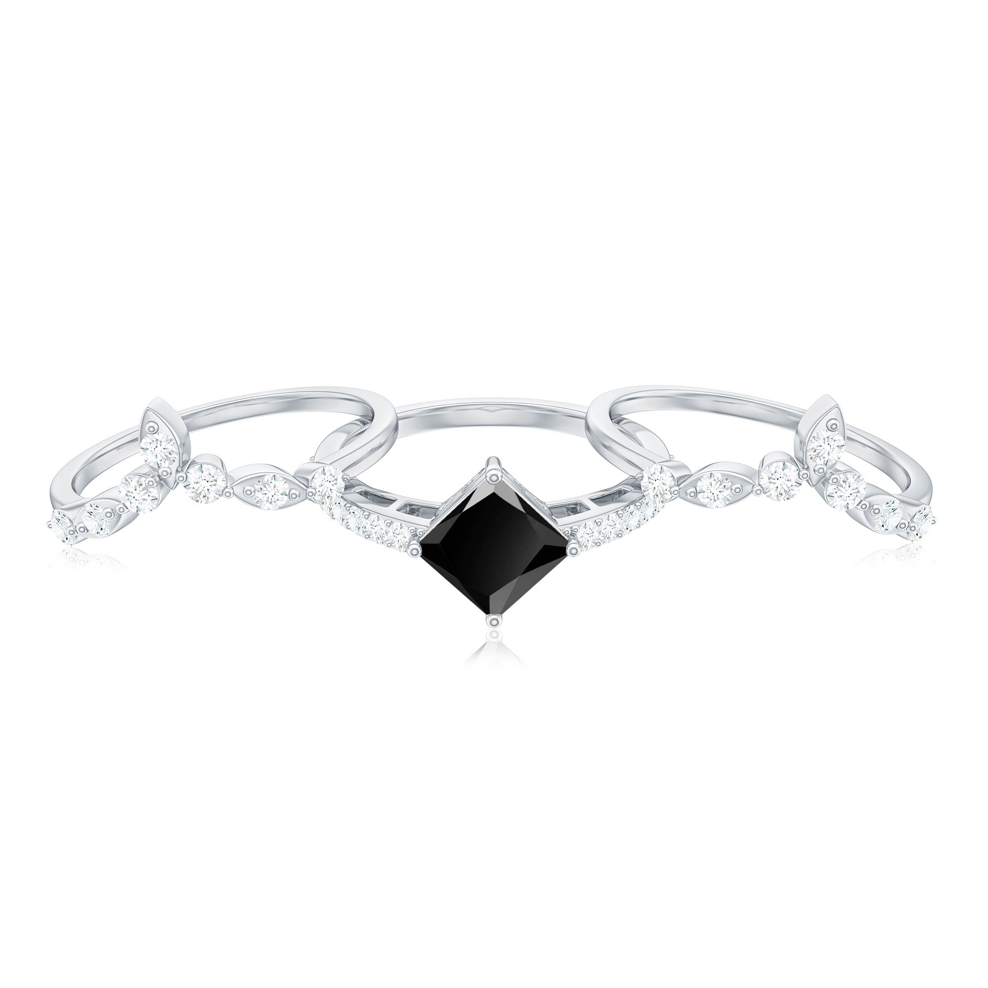 Genuine Princess Cut Black Onyx Bridal Rings Set with Diamond