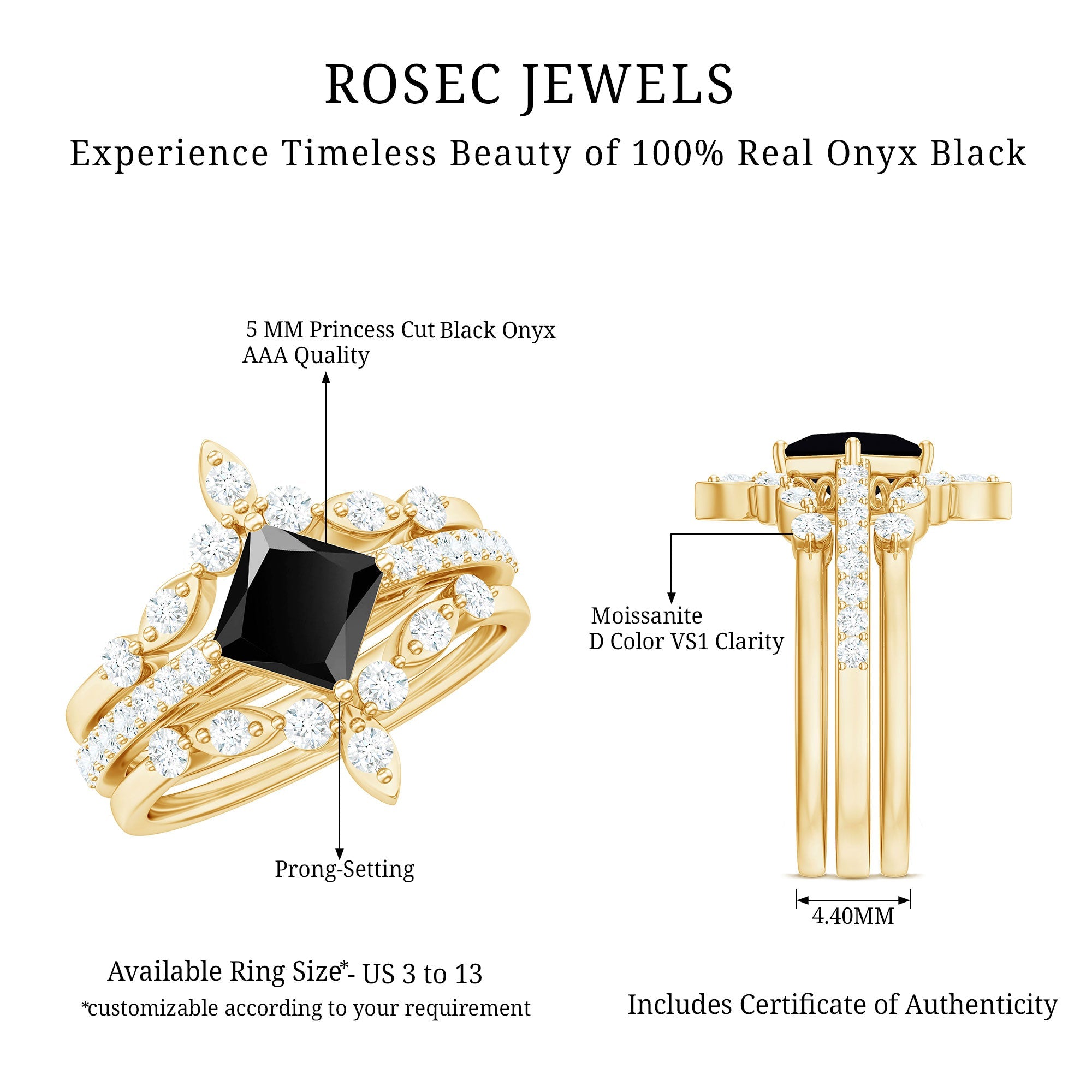 Genuine Princess Cut Black Onyx Bridal Rings Set with Diamond