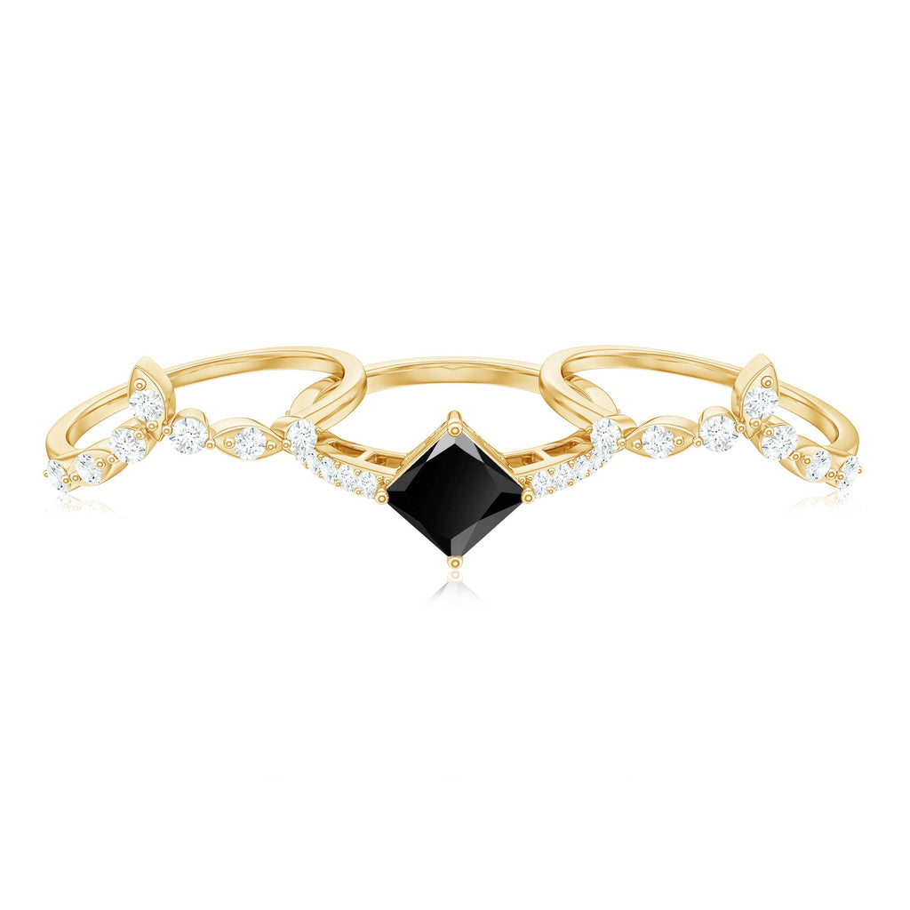 Genuine Princess Cut Black Onyx Bridal Rings Set with Diamond
