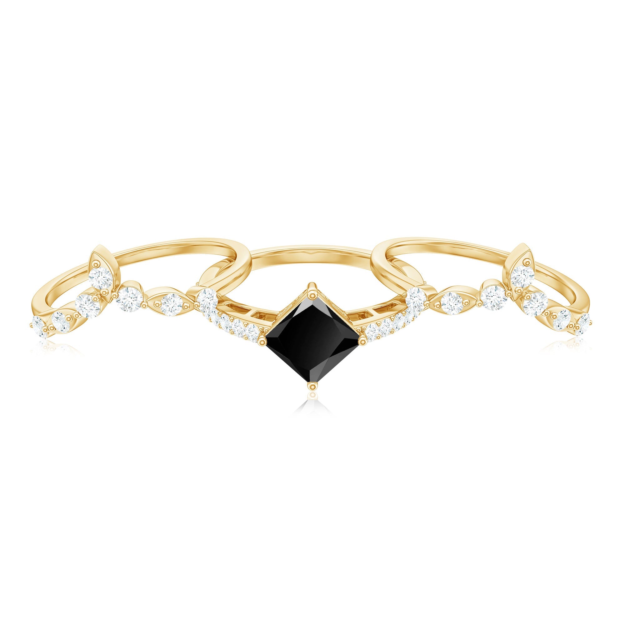 Genuine Princess Cut Black Onyx Bridal Rings Set with Diamond