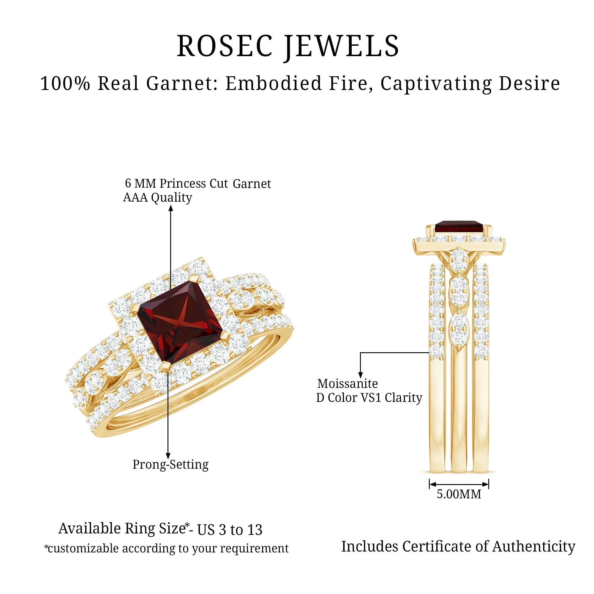Genuine Princess Cut Garnet 3 Piece Bridal Ring Set with Moissanite