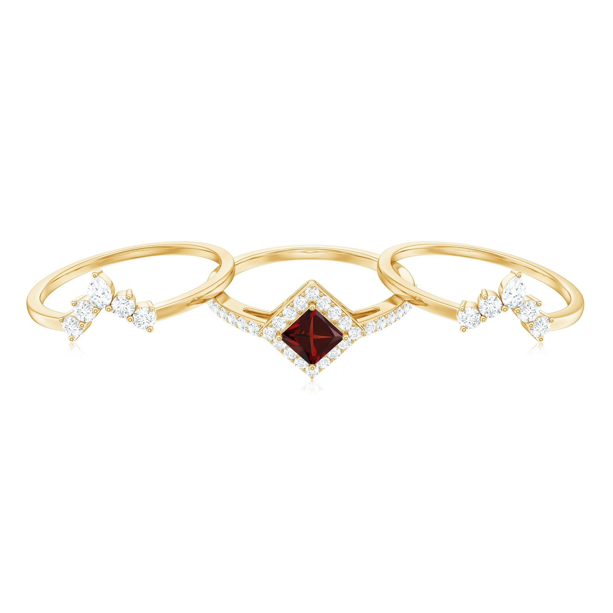 Natural Garnet Diamond 3 Piece Bridal Ring Set