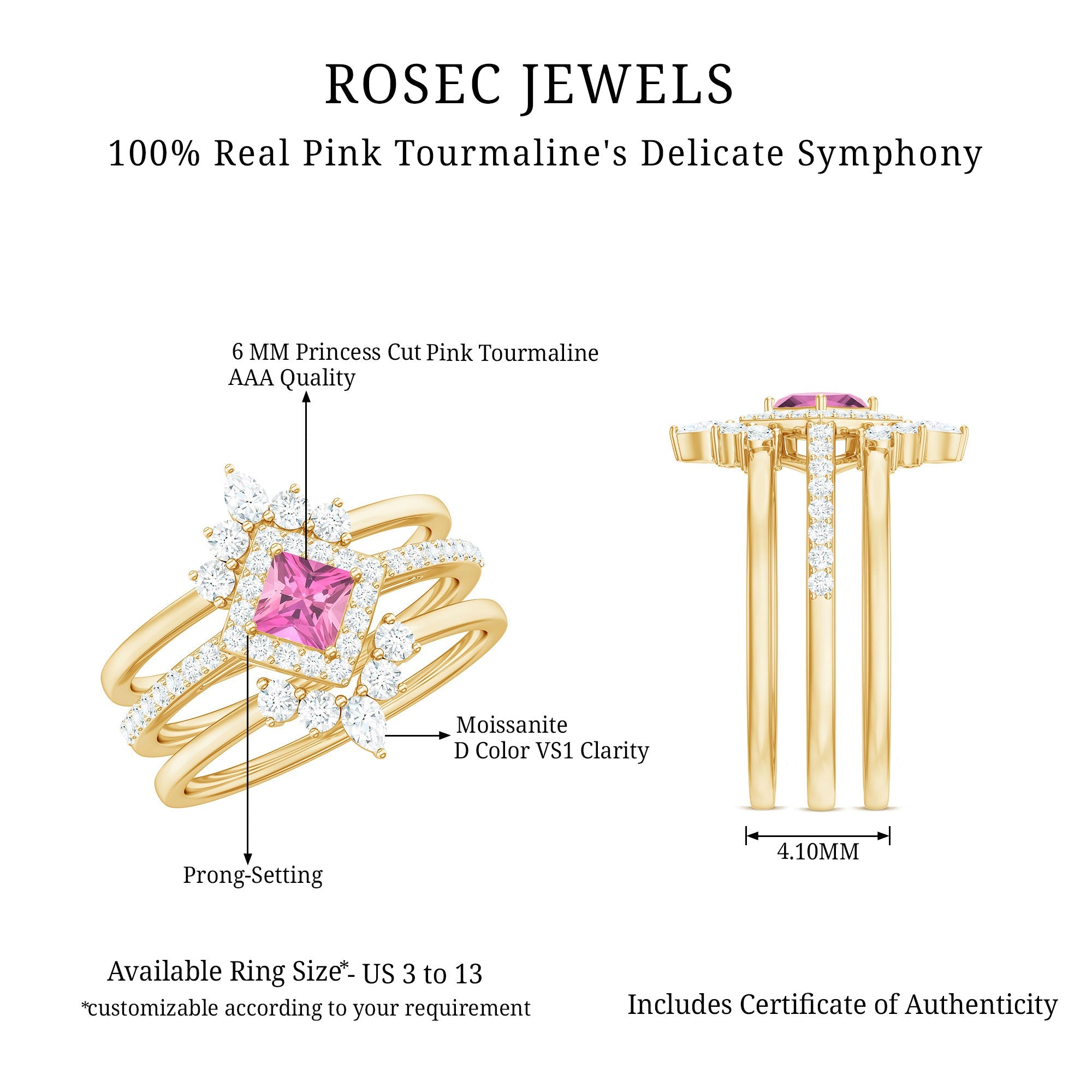 Real Pink tourmaline and Moissanite Trio Wedding Ring Set