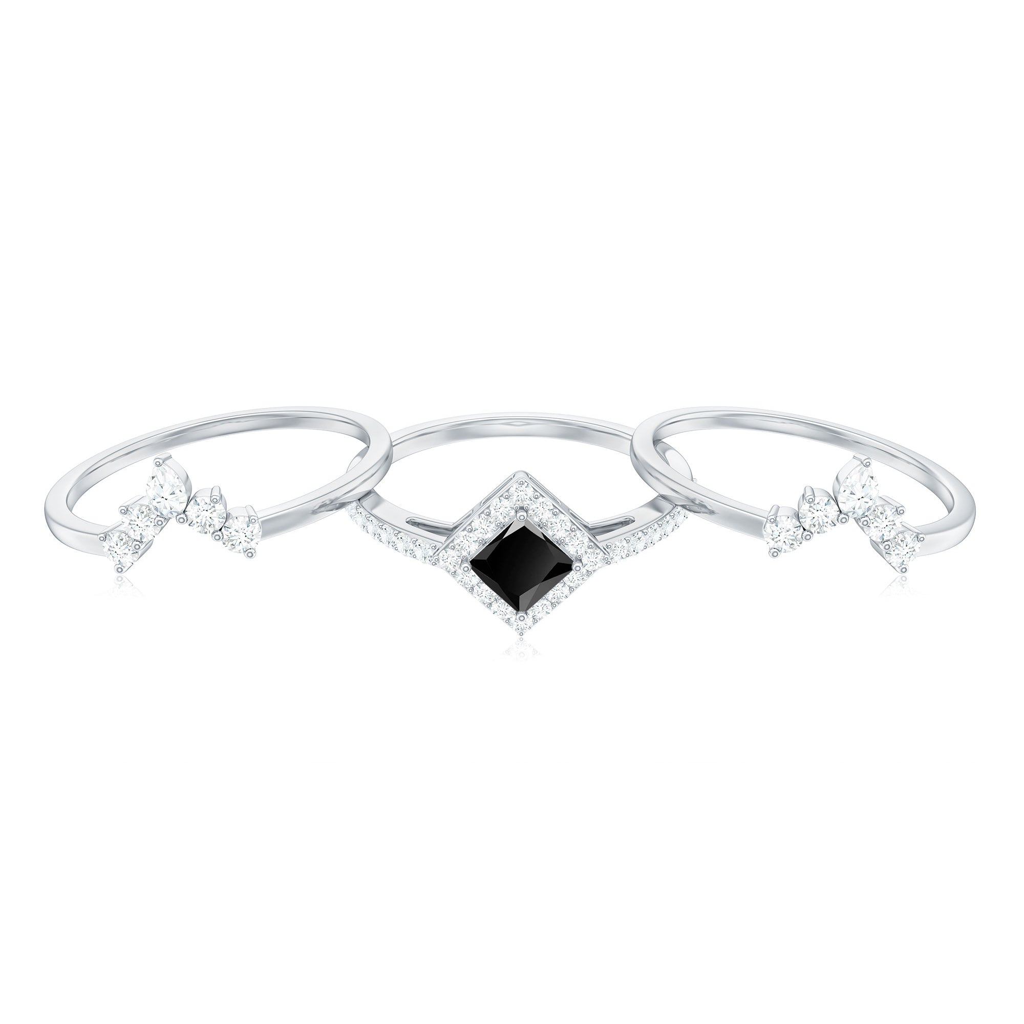 Certified 5mm Princess Cut Black Onyx Wedding Rings Set with Moissanite Band