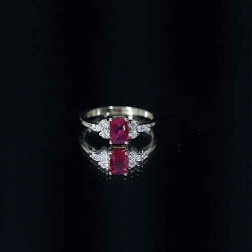 0.75 Carat Emerald Cut Lab Created Ruby and Diamond Promise Ring in Silver