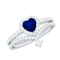 Real Heart Shape Blue Sapphire and Diamond Halo Wedding Ring Set
