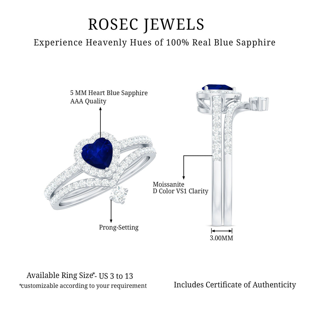 Real Heart Shape Blue Sapphire and Diamond Halo Wedding Ring Set