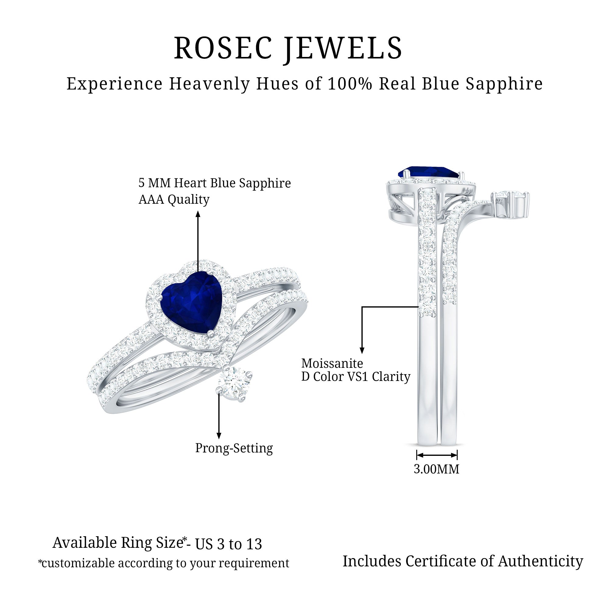 Real Heart Shape Blue Sapphire and Diamond Halo Wedding Ring Set