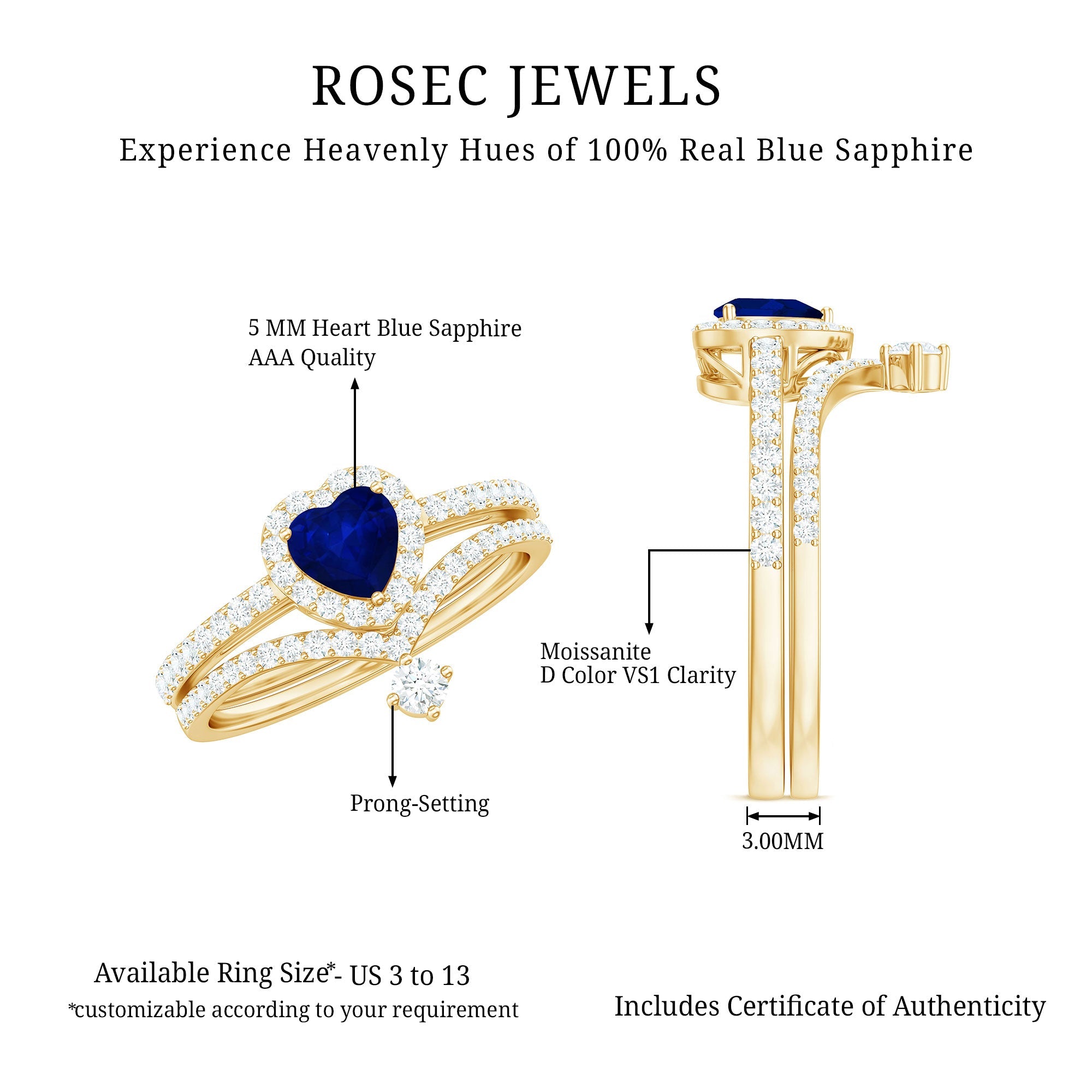 Real Heart Shape Blue Sapphire and Diamond Halo Wedding Ring Set