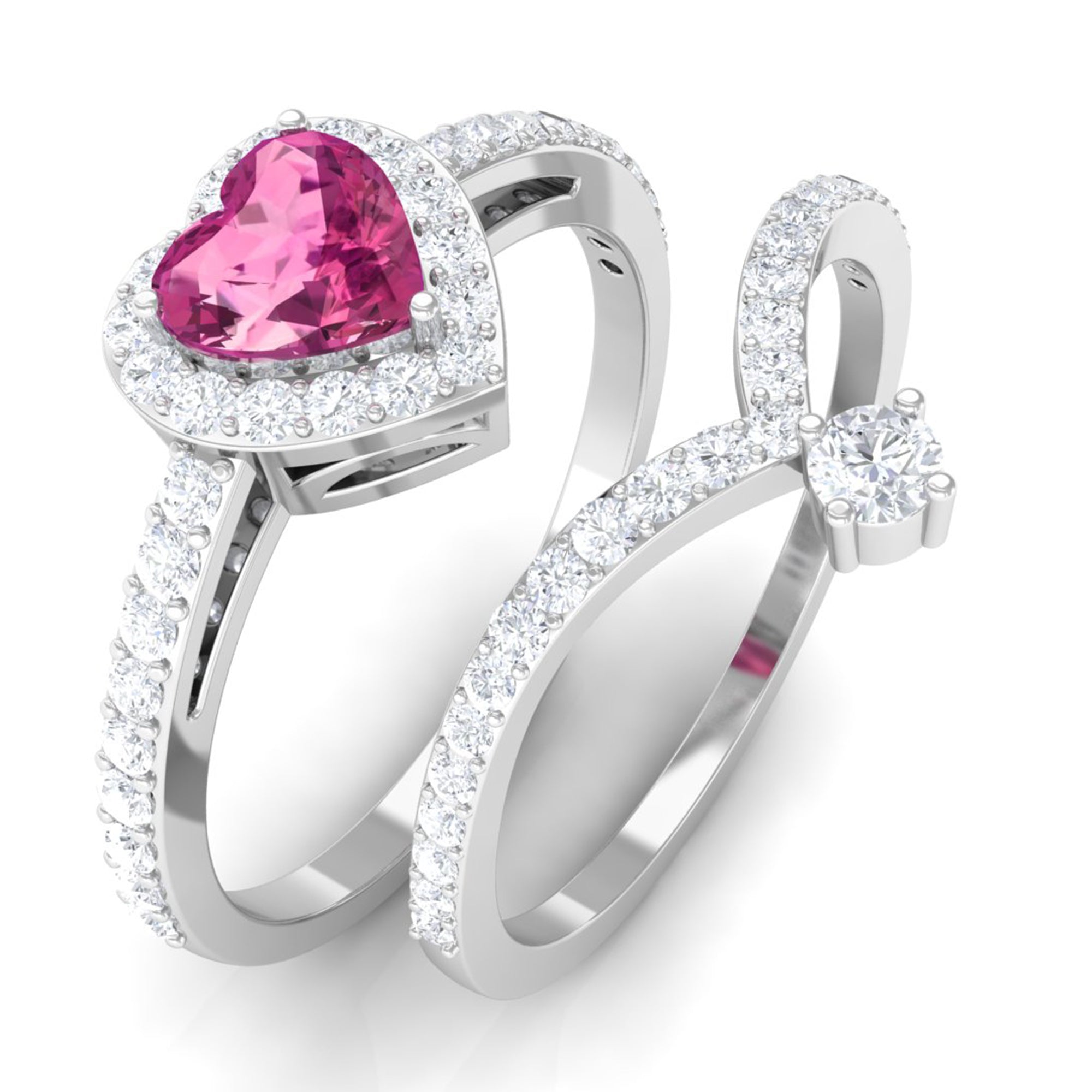 Genuine Pink Tourmaline Ring Set with Moissanite