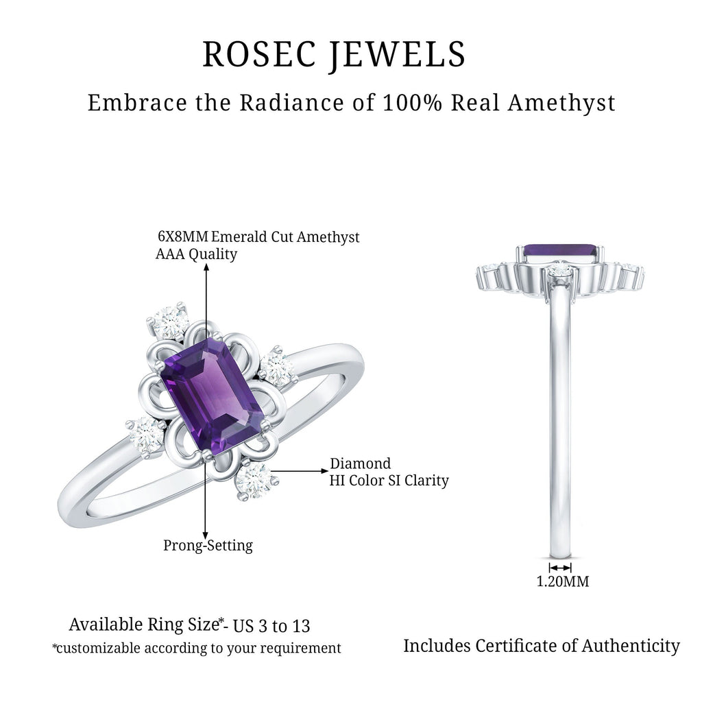 Vintage Inspired 1.4 Carat Amethyst Emerald Cut Engagement Ring with Diamond