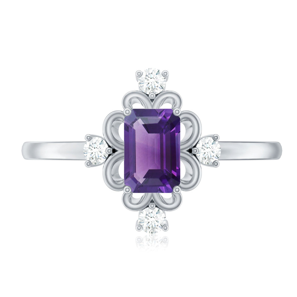 Vintage Inspired 1.4 Carat Amethyst Emerald Cut Engagement Ring with Diamond
