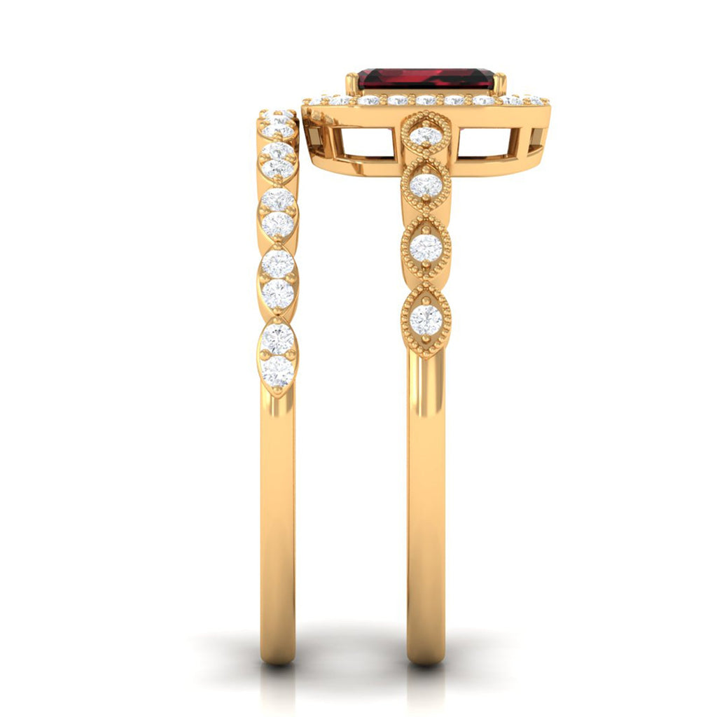 Vintage Looking Garnet Diamond Emerald Cut Wedding Bridal Ring Set