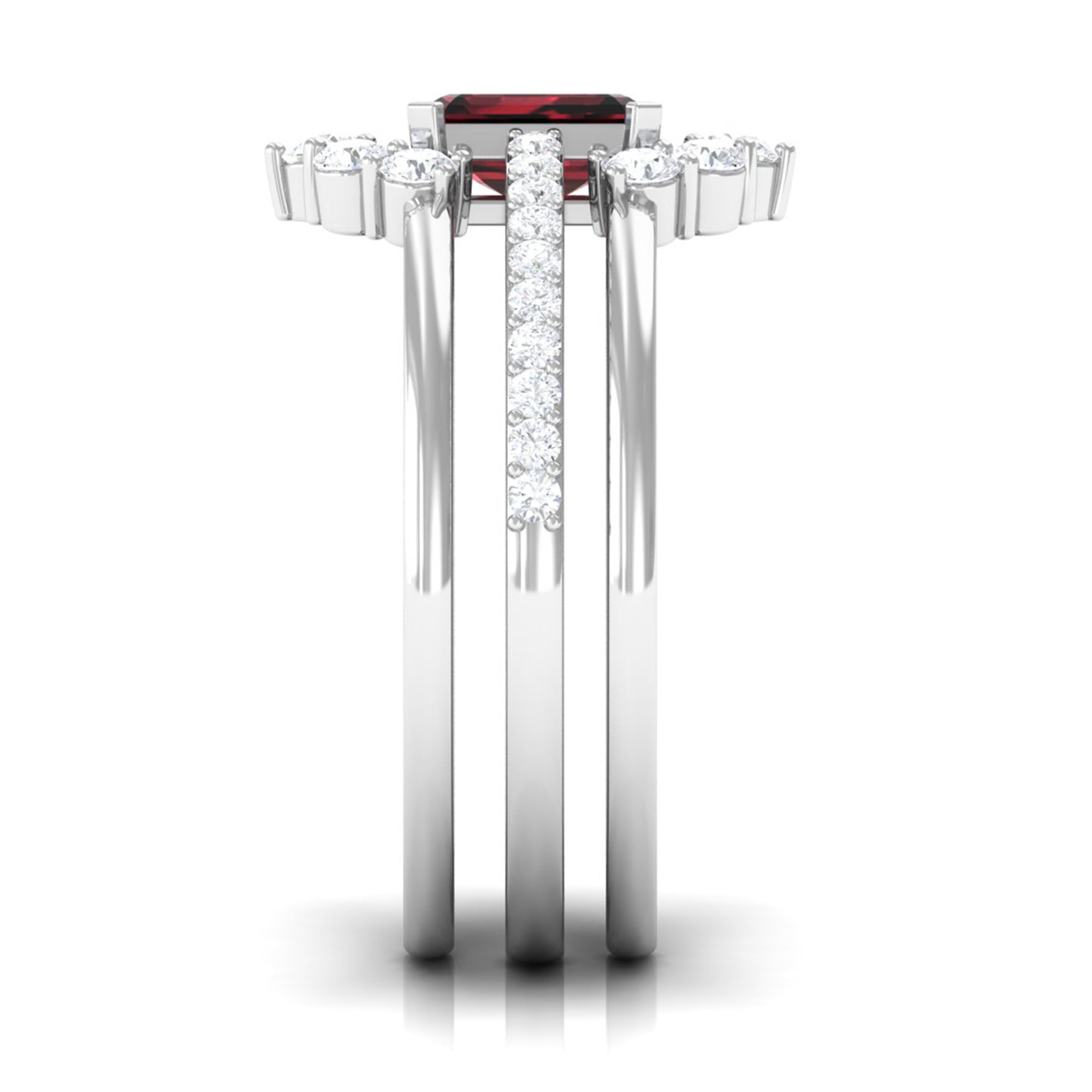 Natural Emerald Cut Garnet Diamond Trio Wedding Ring Set