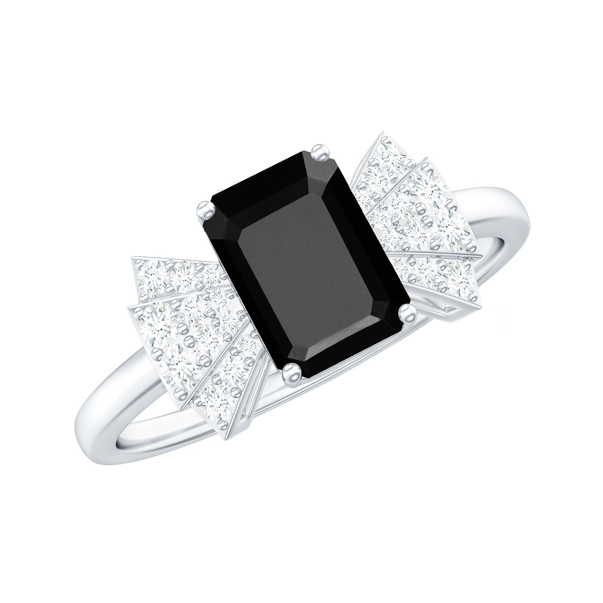 1.6 Carat Lab Grown Black Diamond Emerald Cut Engagement Ring with White Diamond Bow