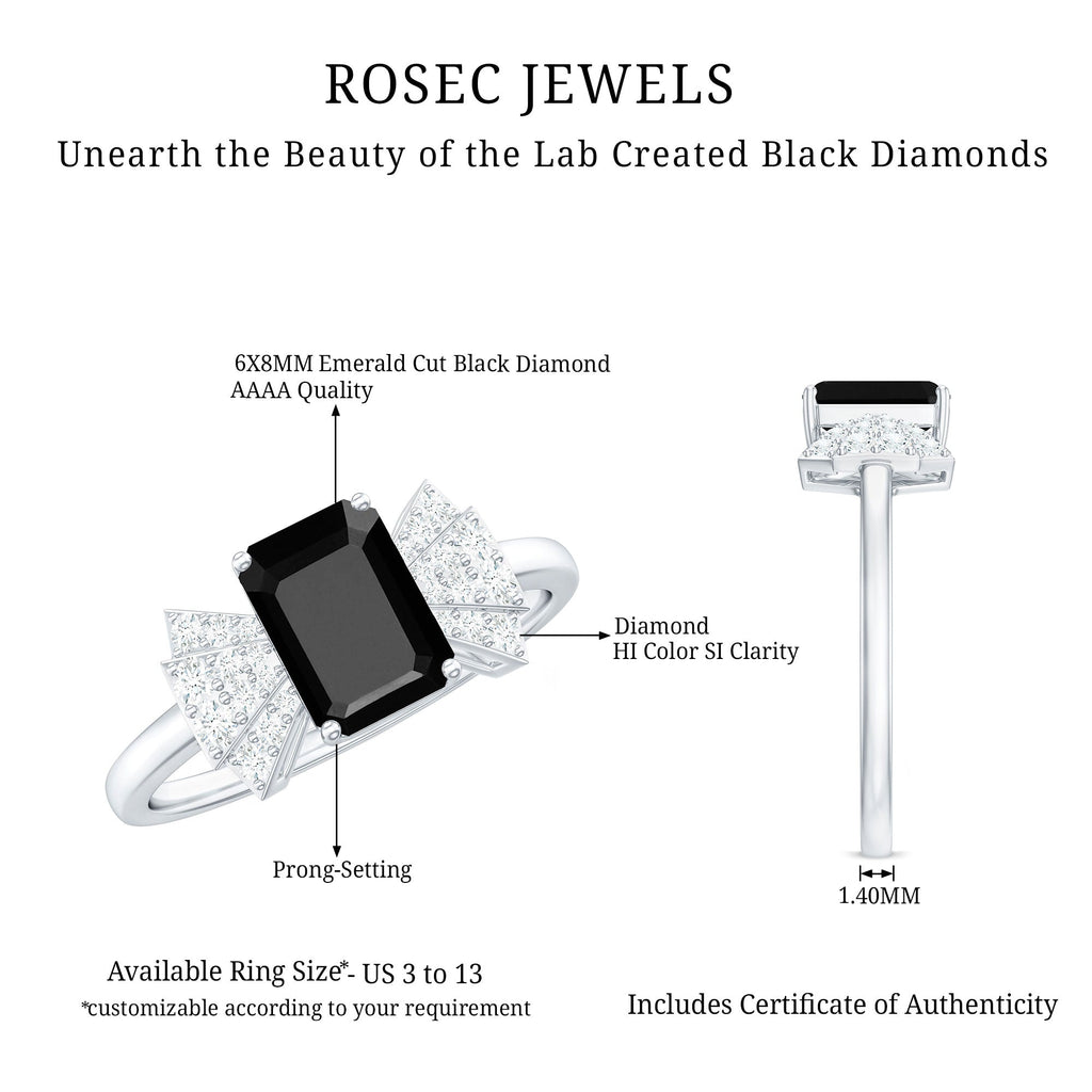 1.6 Carat Lab Grown Black Diamond Emerald Cut Engagement Ring with White Diamond Bow
