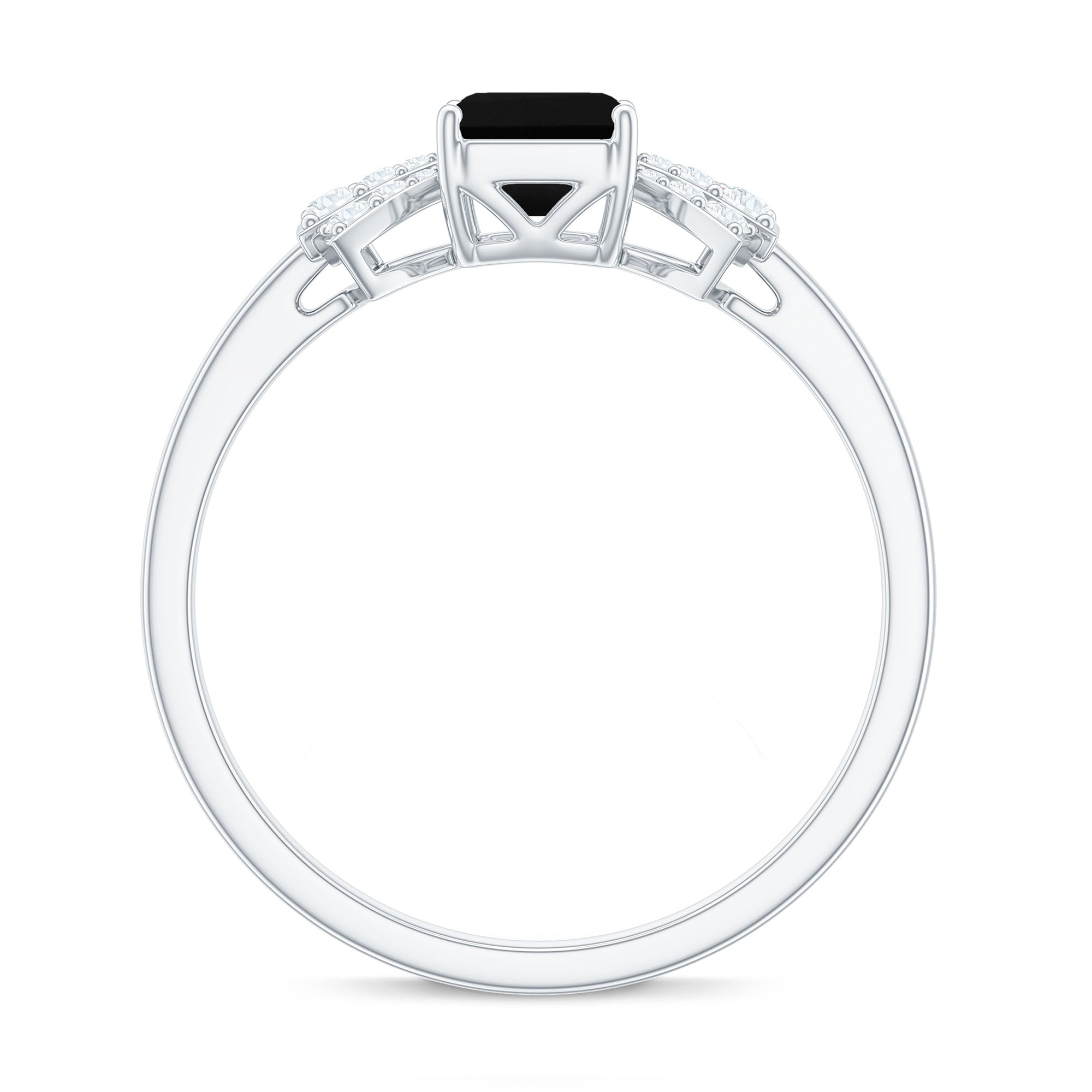 1.6 Carat Lab Grown Black Diamond Emerald Cut Engagement Ring with White Diamond Bow