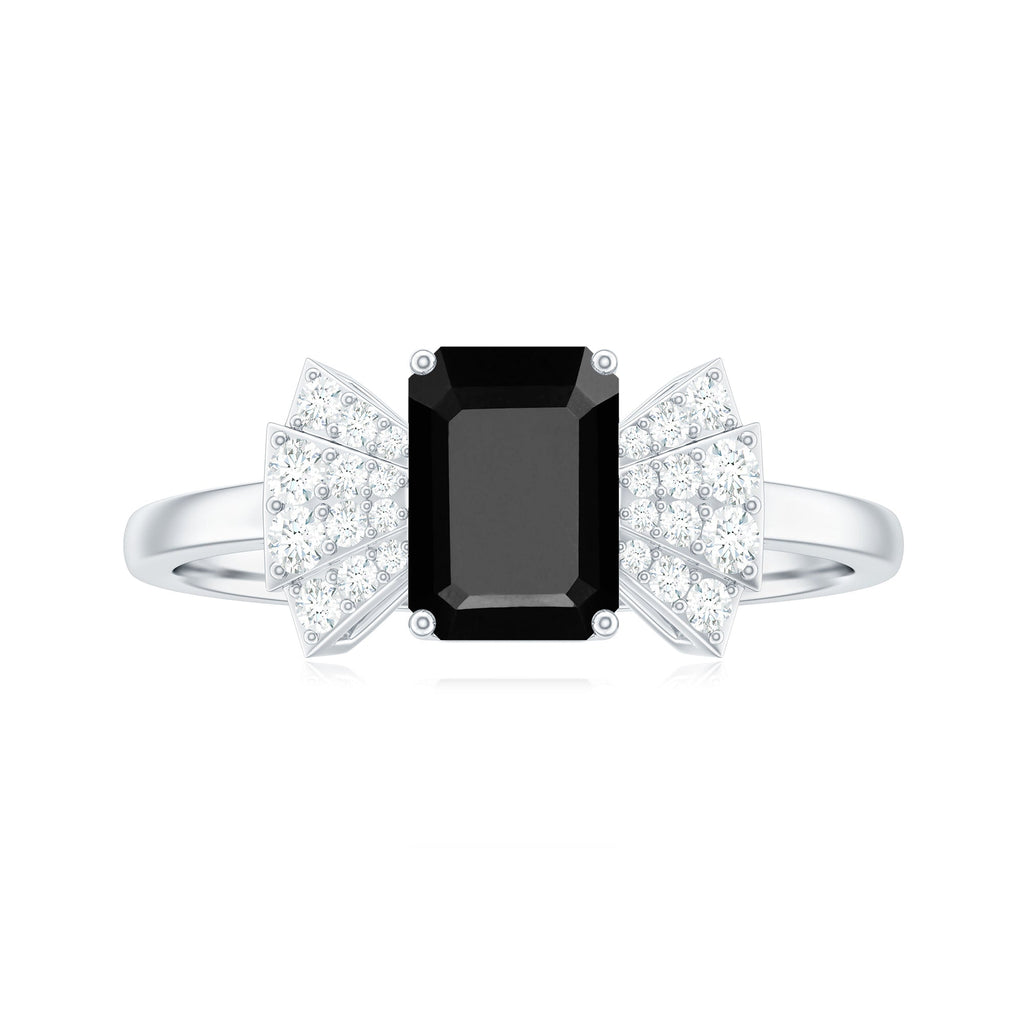 1.6 Carat Lab Grown Black Diamond Emerald Cut Engagement Ring with White Diamond Bow