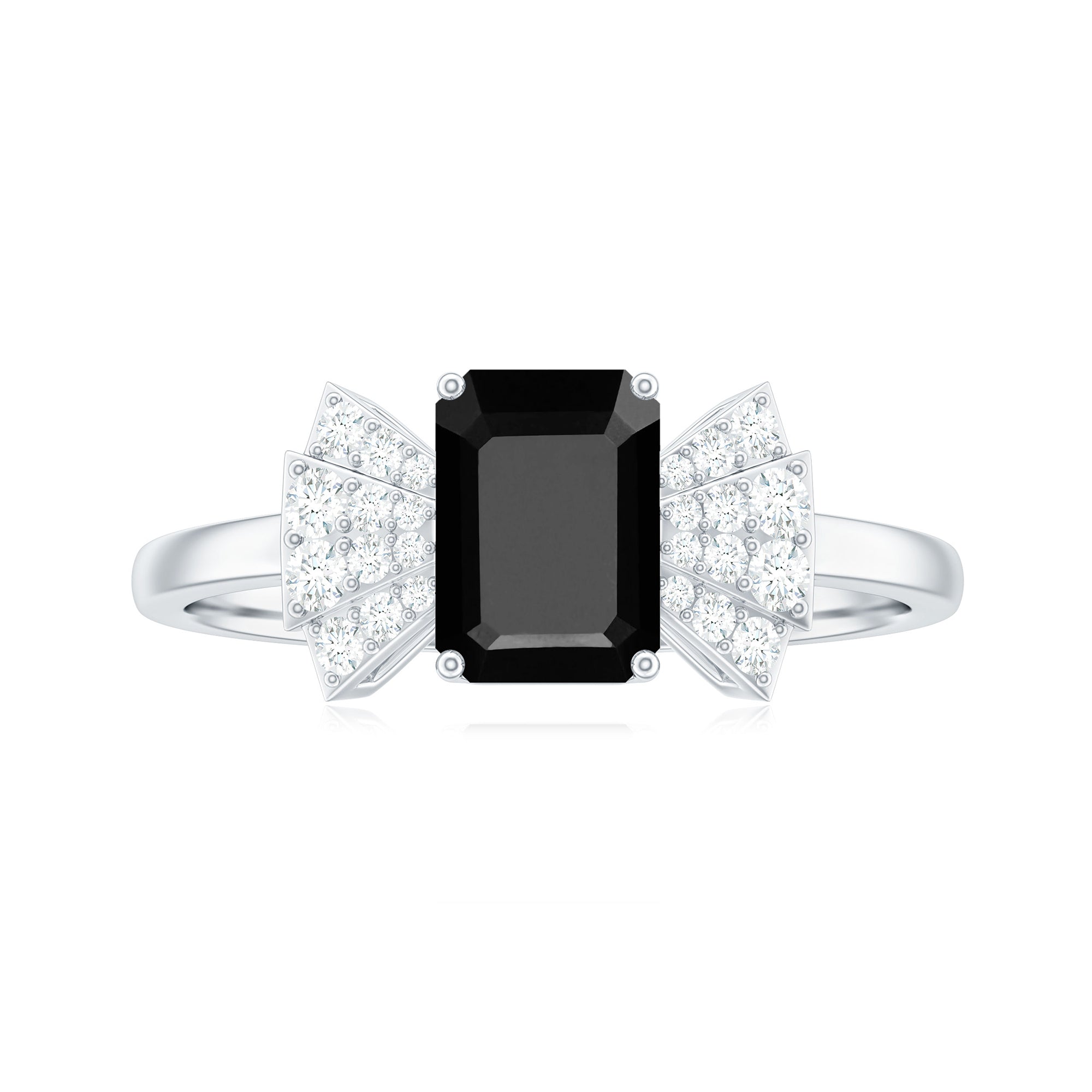 1.6 Carat Lab Grown Black Diamond Emerald Cut Engagement Ring with White Diamond Bow