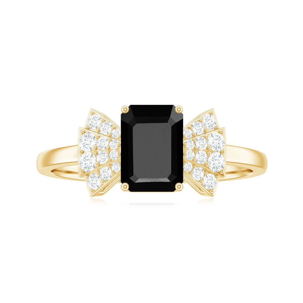 1.6 Carat Lab Grown Black Diamond Emerald Cut Engagement Ring with White Diamond Bow