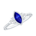 Vintage Style 0.7 Carat Lab Grown Blue Sapphire Marquise Engagement Ring with Diamond Trio
